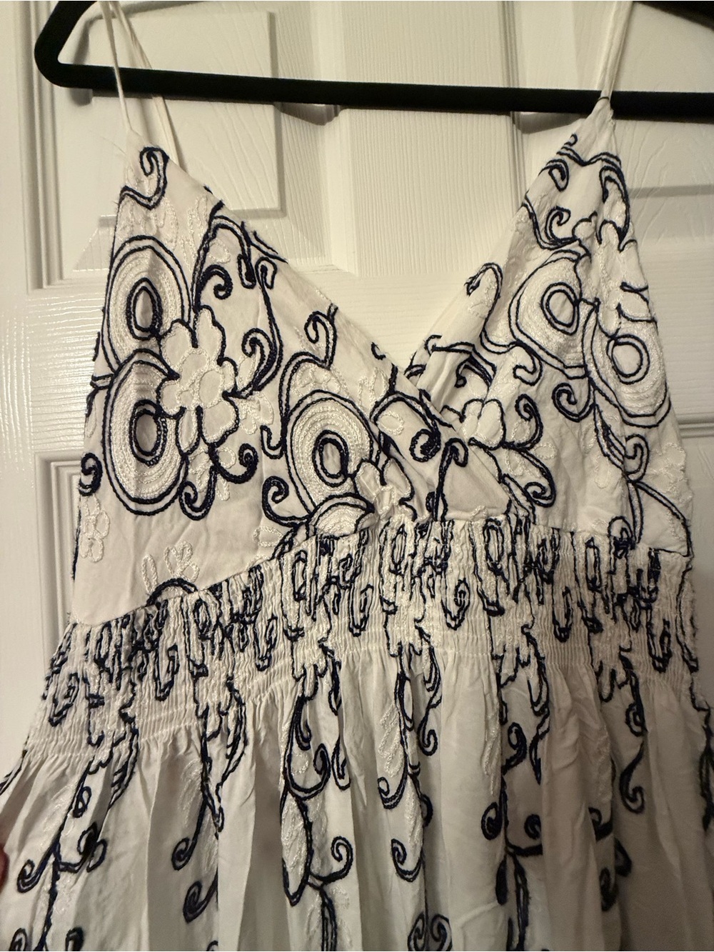 White Spaghetti-Strap White/Navy Embroidered Maxi Dress - Picture 2 of 7